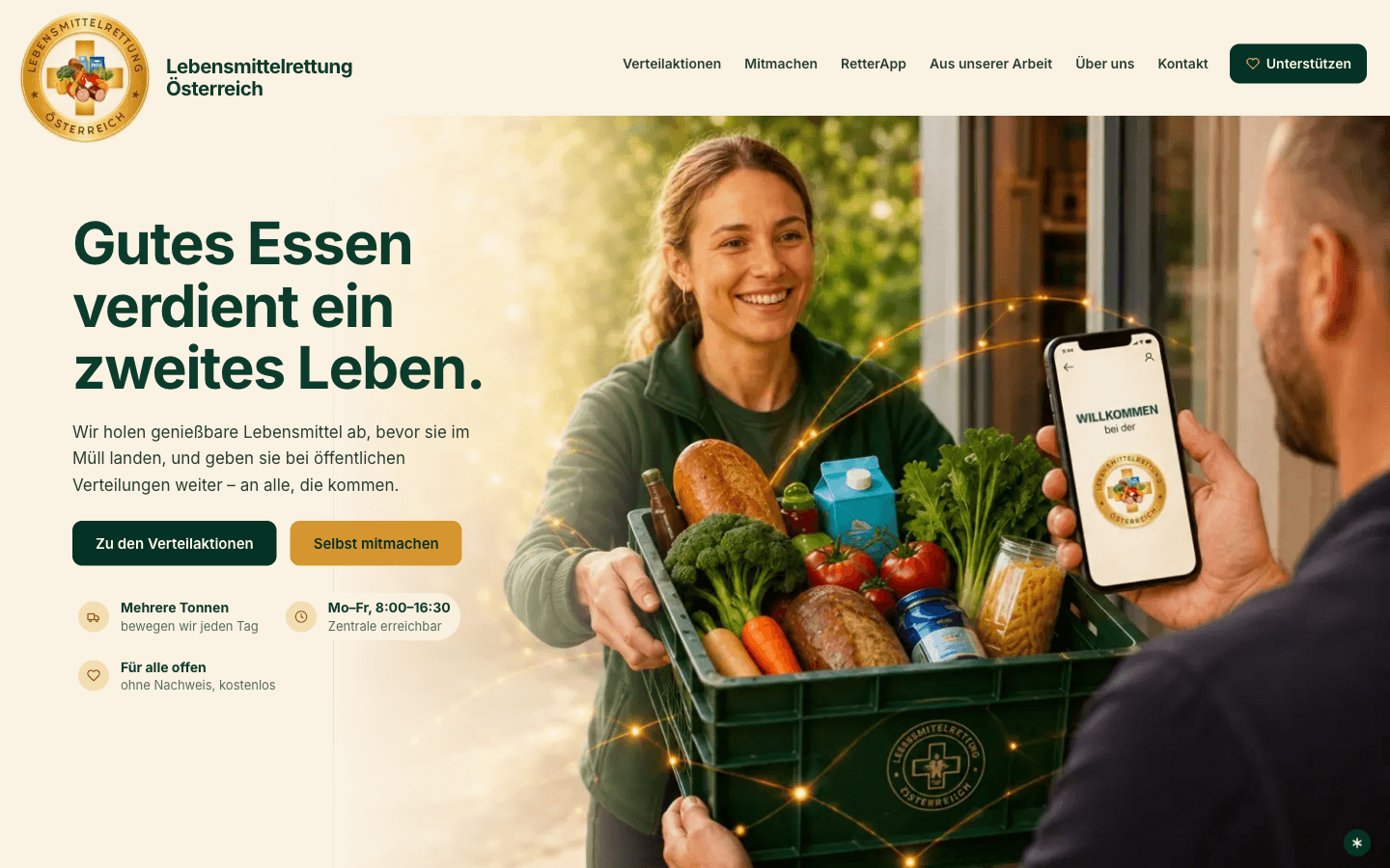 Startseite von lebensmittelrettung.at auf einem Desktop-Bildschirm: Titelbild, Kennzahlen des Vereins und Einstieg in die Bereiche