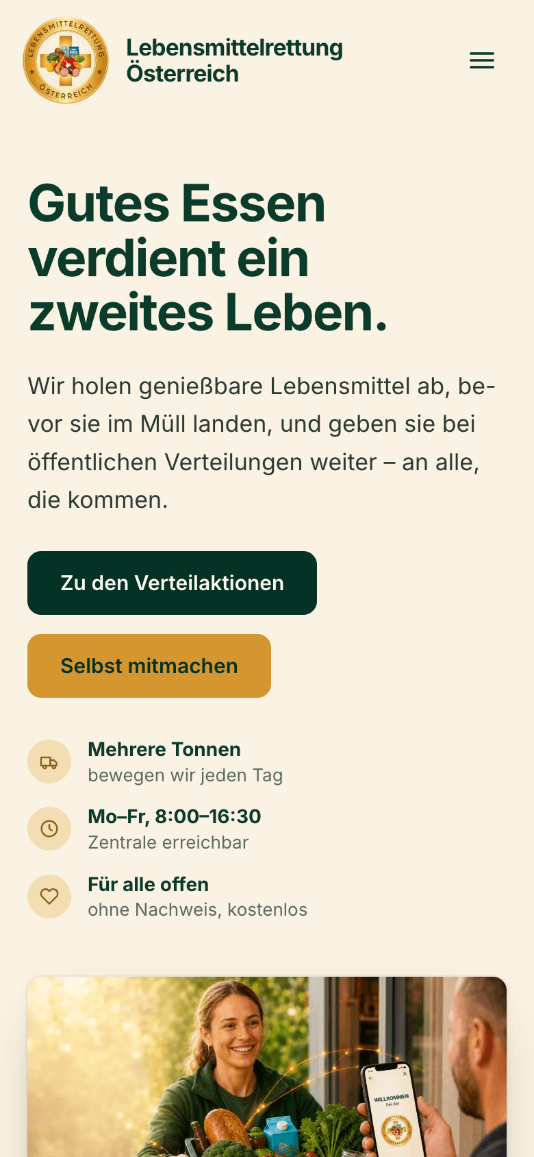 Startseite von lebensmittelrettung.at auf dem Handy