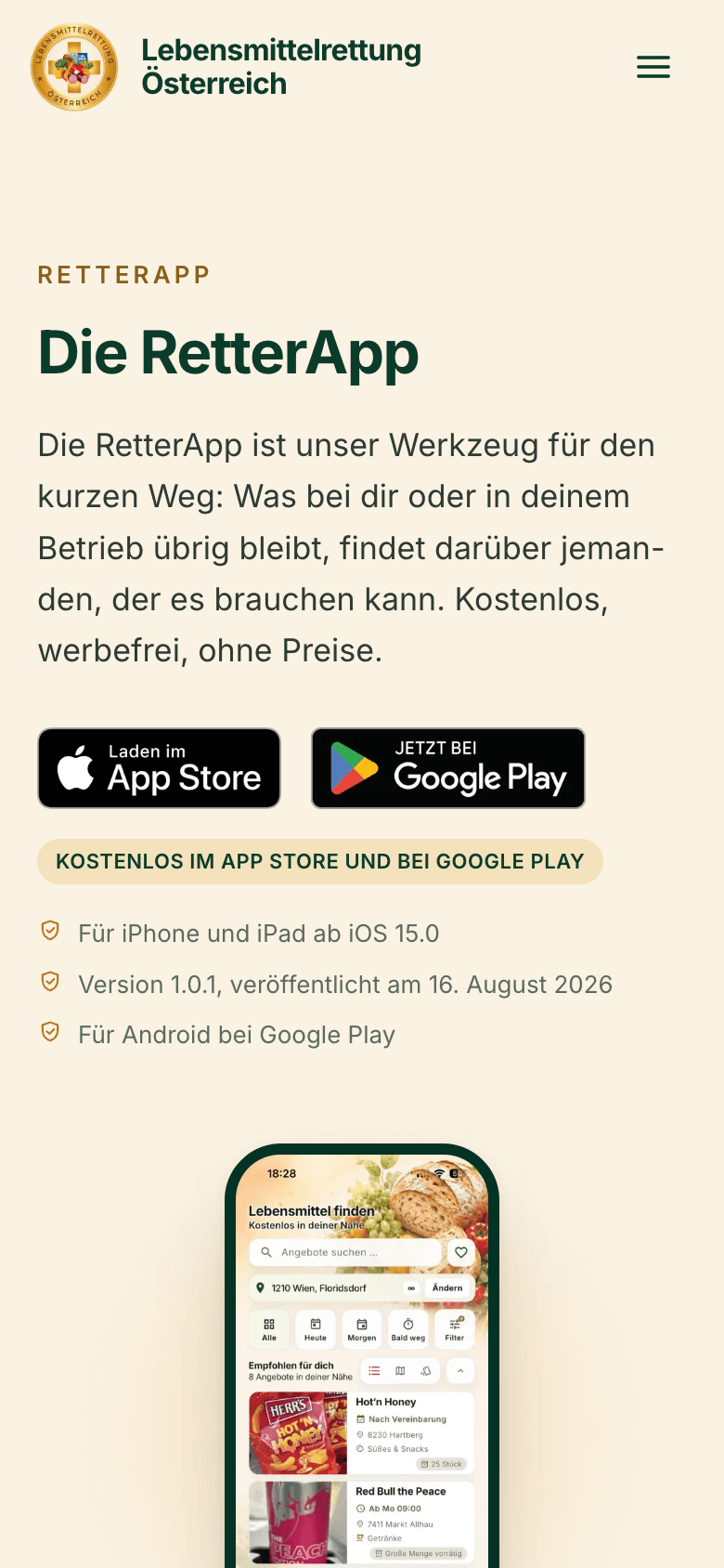 Seite zur RetterApp auf lebensmittelrettung.at auf dem Handy, mit den Badges für App Store und Google Play