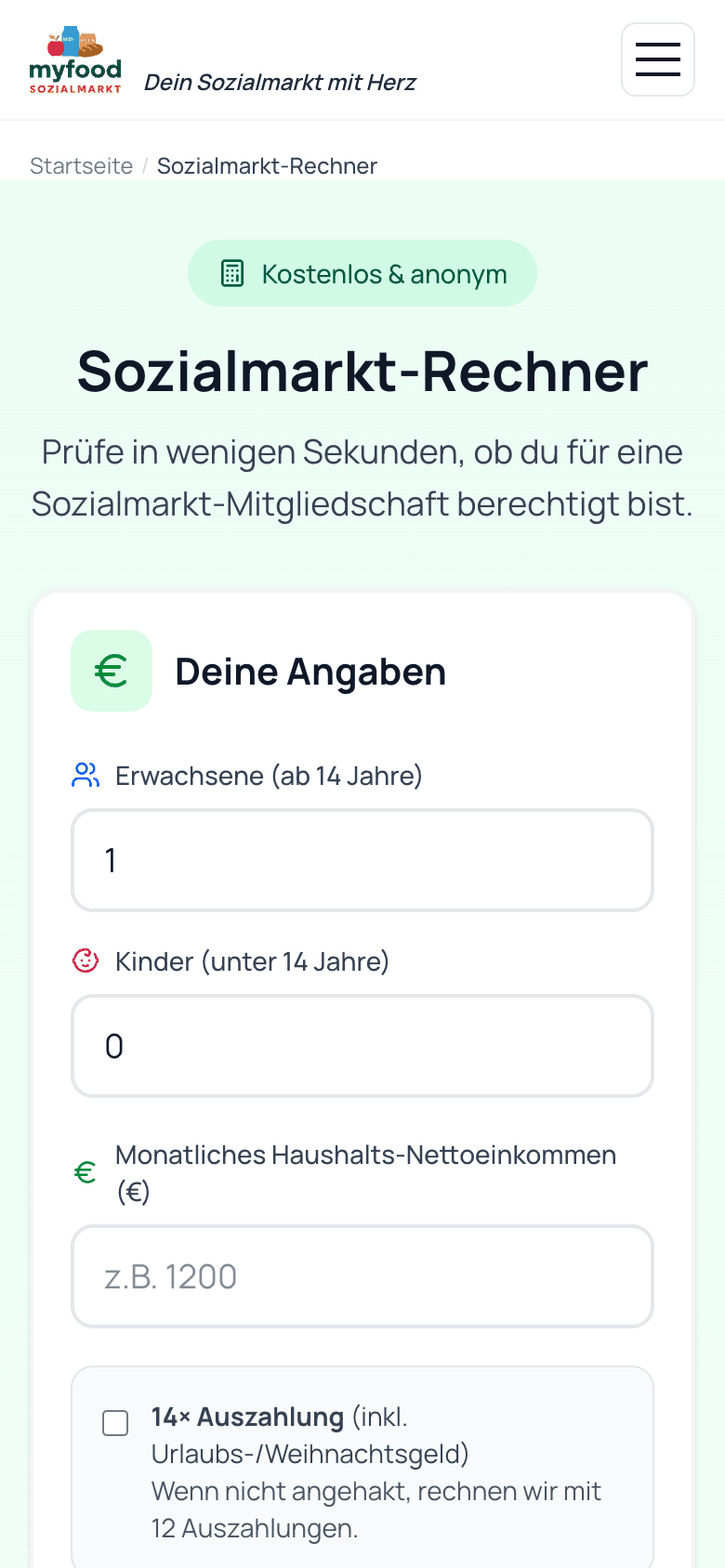 Sozialmarkt-Rechner auf myfood.care auf dem Handy: Berechtigung für die Sozialmarkt-Karte prüfen