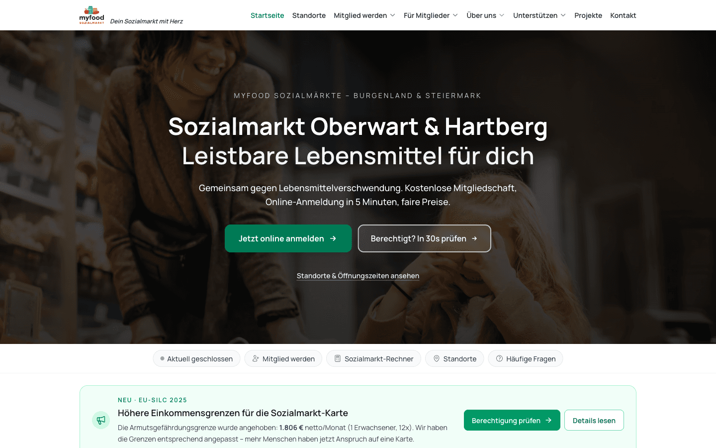 Startseite von myfood.care auf einem Desktop-Bildschirm: der Sozialmarkt in Hartberg und Oberwart mit Einstieg zu Mitgliedschaft und Standorten