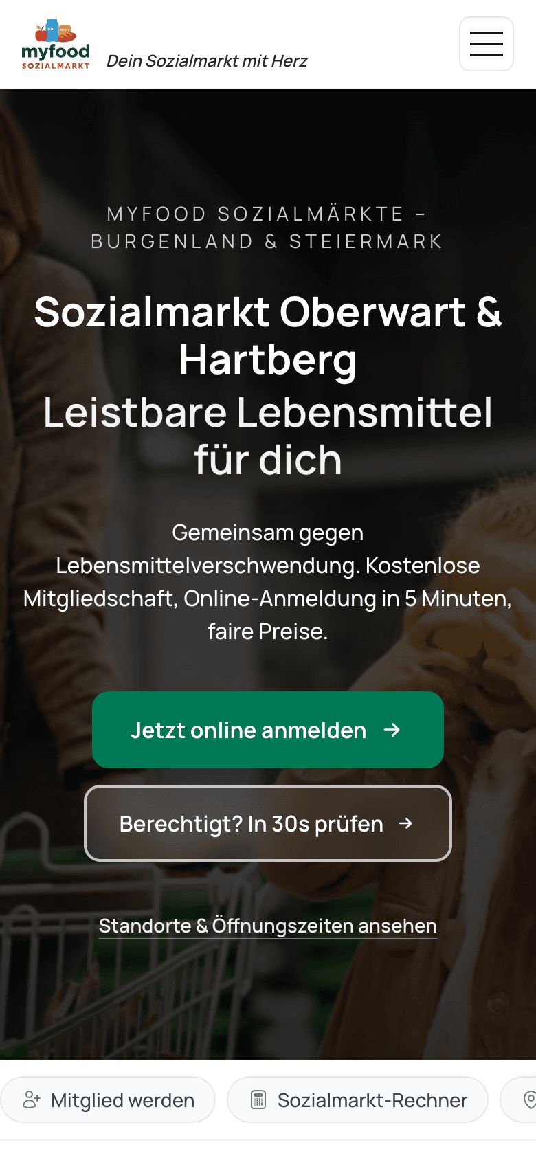 Startseite von myfood.care auf dem Handy