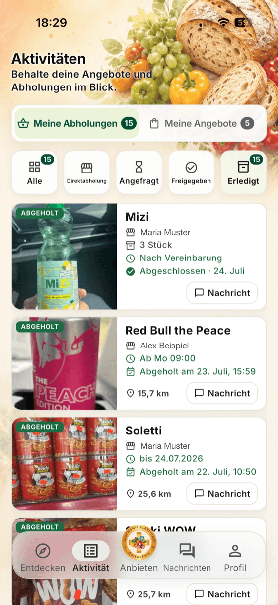 Bildschirm „Meine Abholungen“ der RetterApp: laufende und abgeschlossene Abholungen (Namen durch Beispielnamen ersetzt)