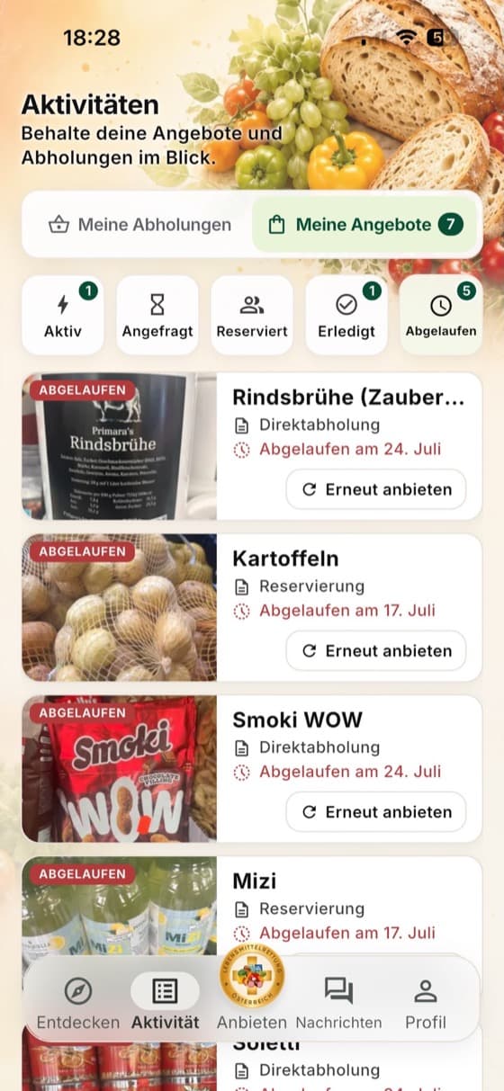 Bildschirm „Meine Angebote“ der RetterApp: eigene eingestellte Lebensmittel mit Status