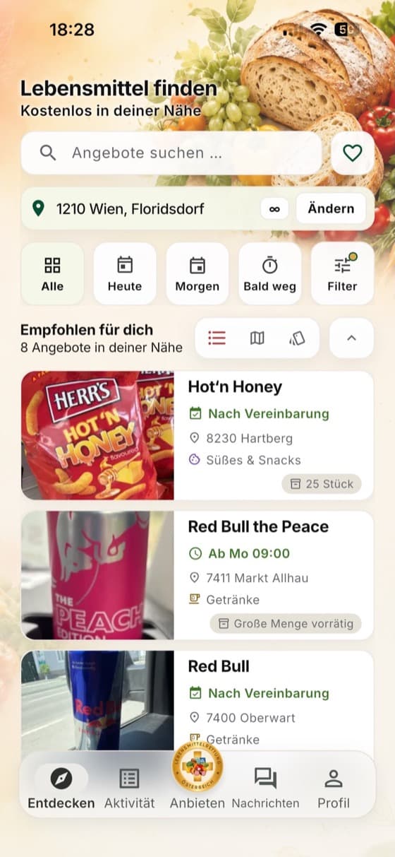 Bildschirm „Entdecken“ der RetterApp: Liste verfügbarer Lebensmittel-Angebote in der Umgebung